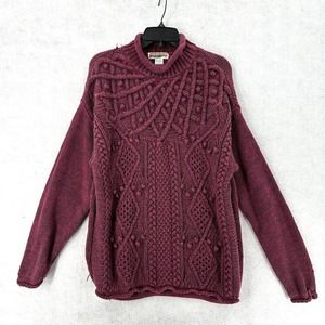 Vtg Gina Peters Sweater Womens LARGE Ramie Cable 3-D Knit Pom Poms Retro Y2K 90s